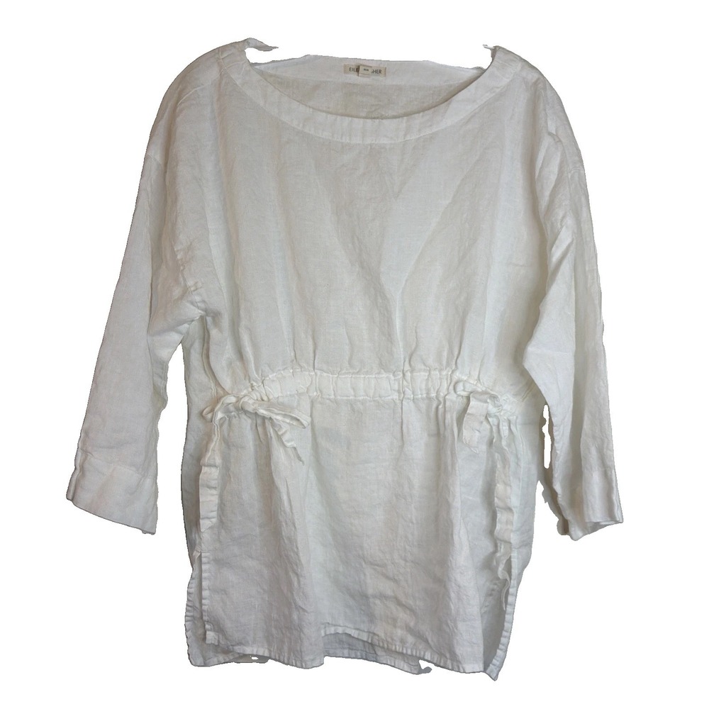 Eileen Fisher Organic Linen Bateau Neck Top Shirt Blouse Lagenlook Sz M White